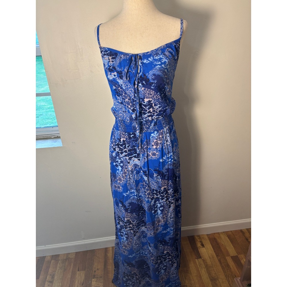Faded Glory Blueโ Paisley Maxi Dress Boho Festival Rayon Tie Front L 12 14